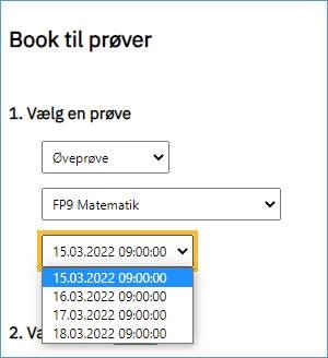 Eksempel af hvordan drop-down listen ser ud, når man trykker "vælg en prøve" under terminen "øveprøver". 