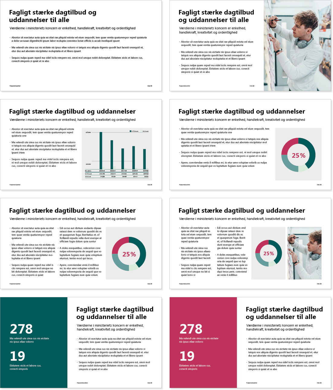 Billedet viser eksempler på, at indholdssiderne i PowerPoint-skabelonen kan laves på forskellige måder.