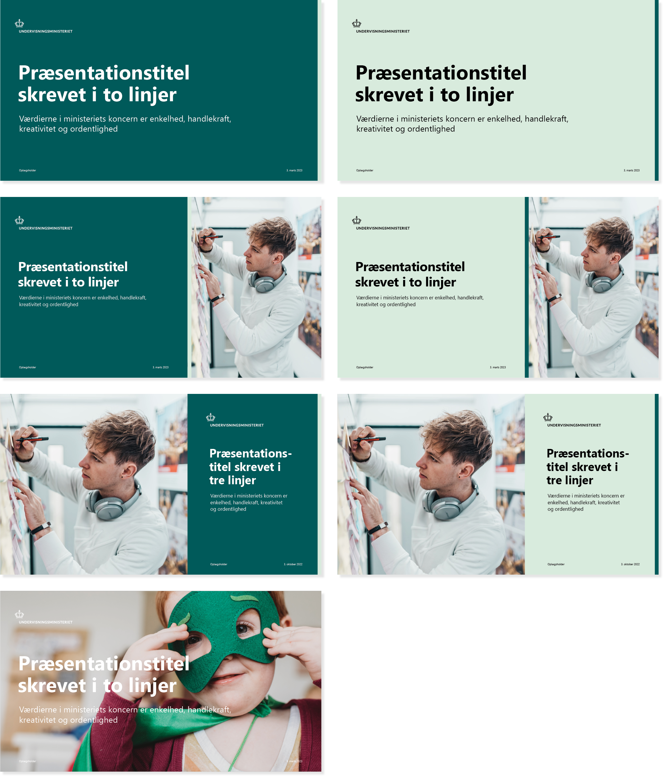 Billedet viser eksempler på, at forsiderne i PowerPoint-skabelonen kan laves på forskellige måder.