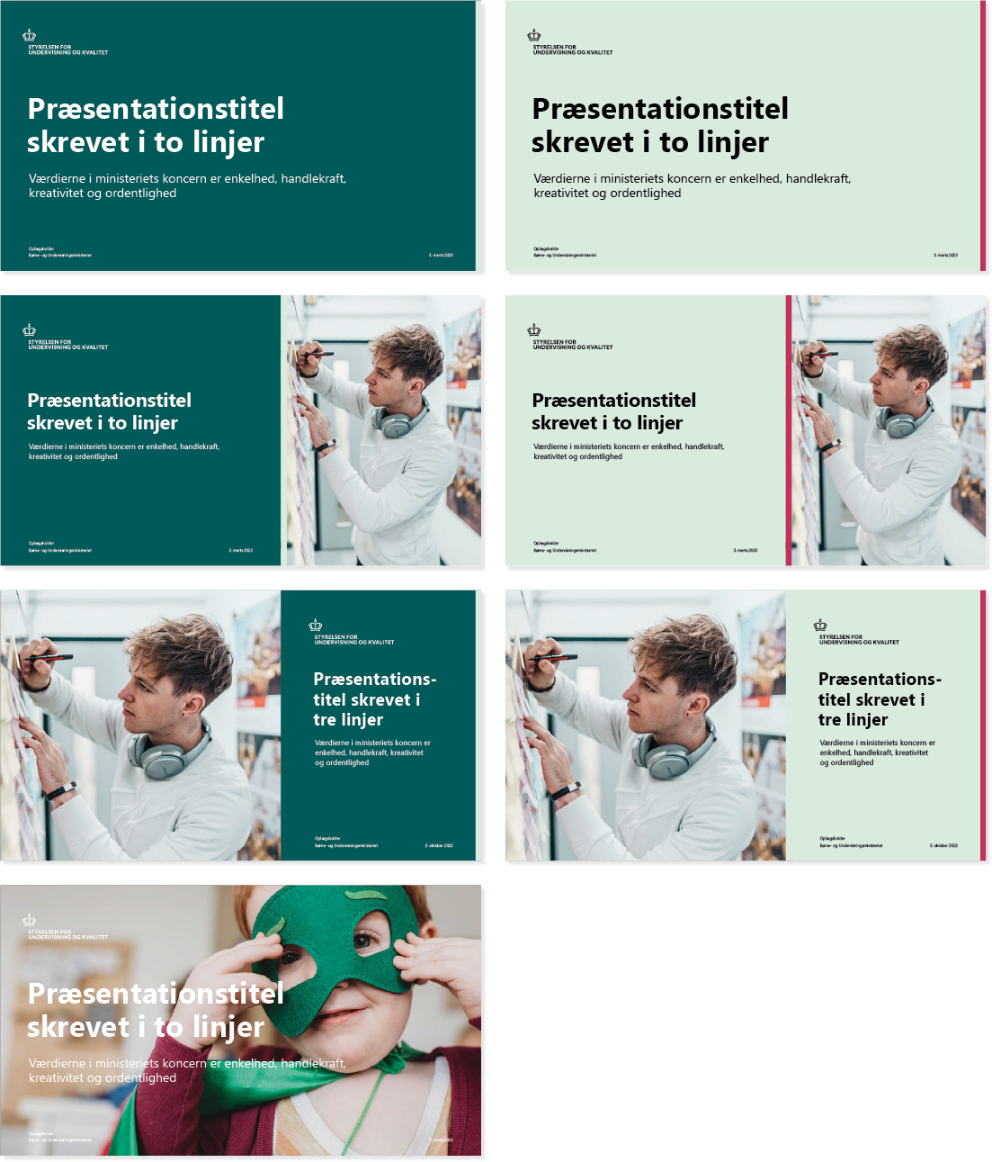 Billedet viser eksempler på, at forsiderne i PowerPoint-skabelonen kan laves på forskellige måder.