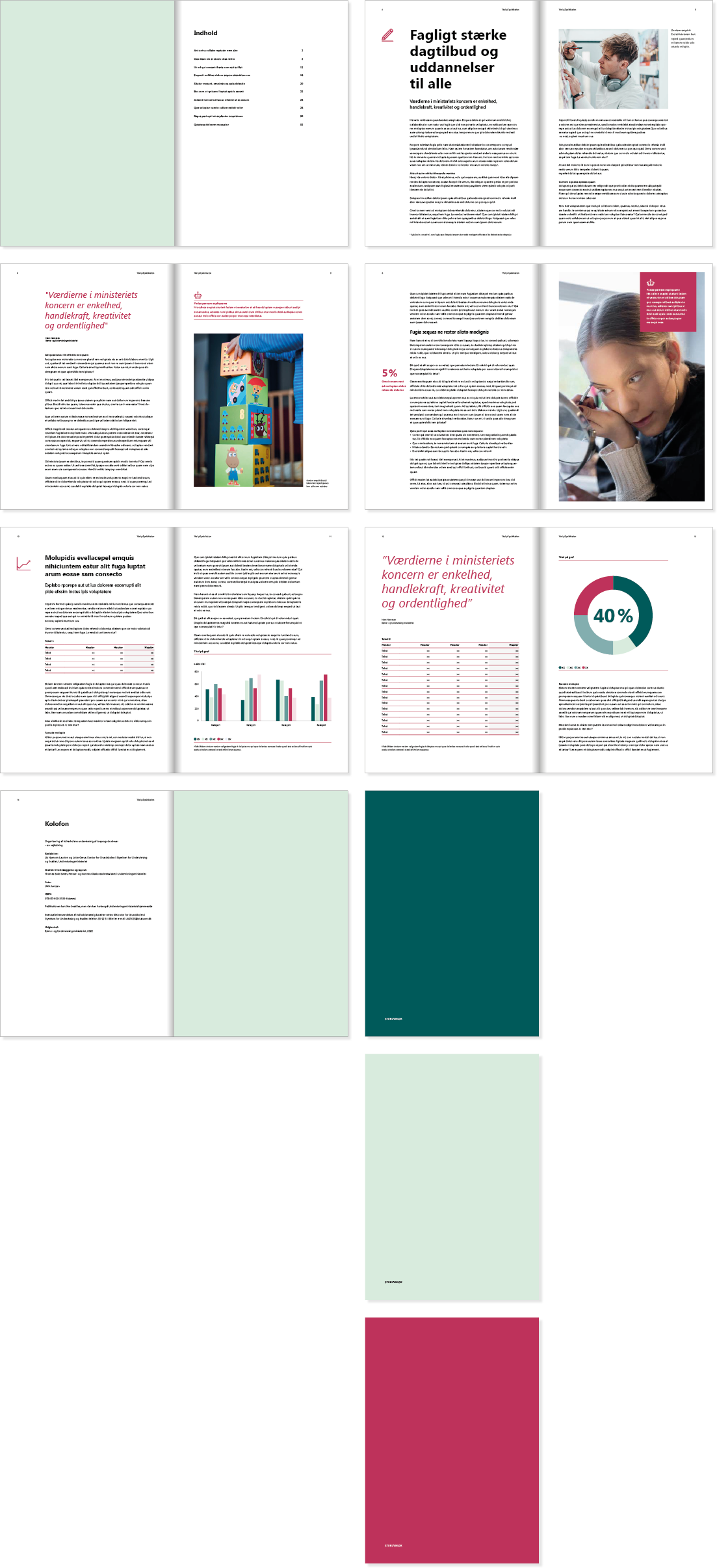 Billedet viser eksempler på, at indholdssiderne i rapportskabelonen kan laves på forskellige måder.