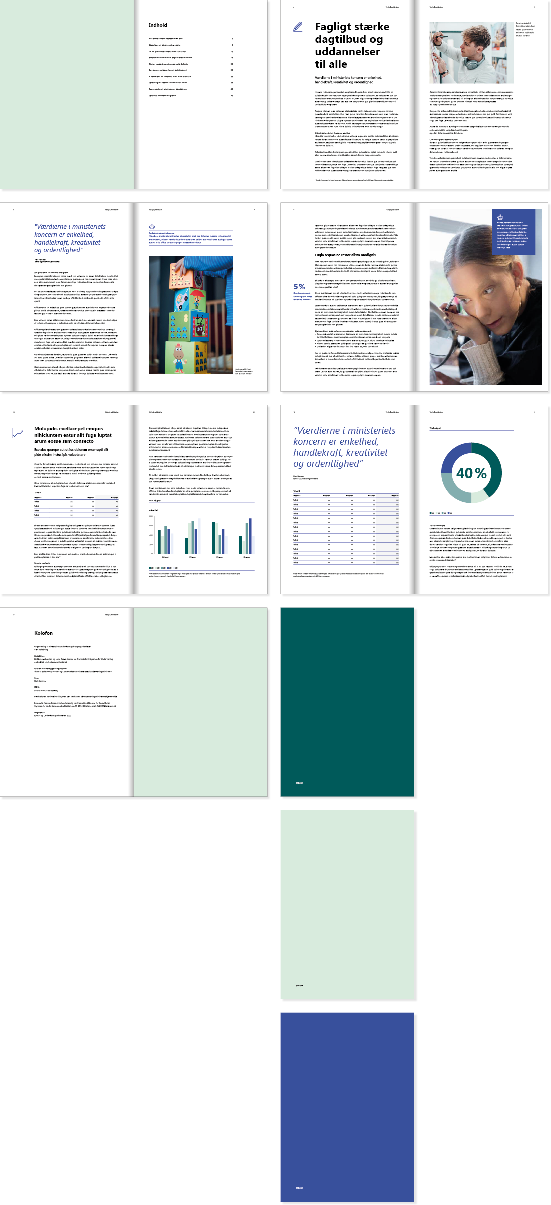 Billedet viser eksempler på, at indholdssiderne i rapportskabelonen kan laves på forskellige måder.