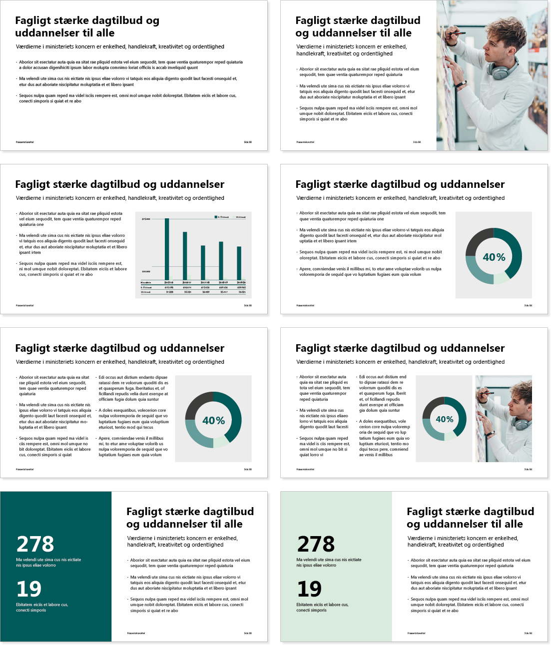Billedet viser eksempler på, at indholdssider i PowerPoint-skabelonen kan laves på forskellige måder.