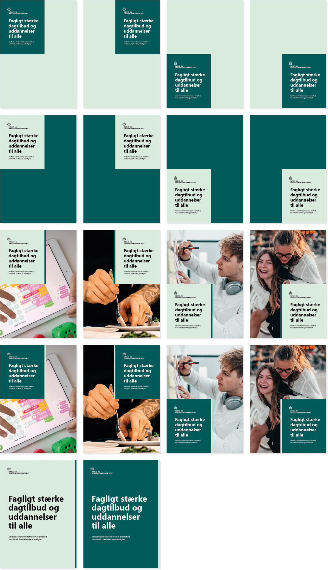 Billedet viser eksempler på, at forsiderne på rapportskabelonen kan laves på forskellige måder.