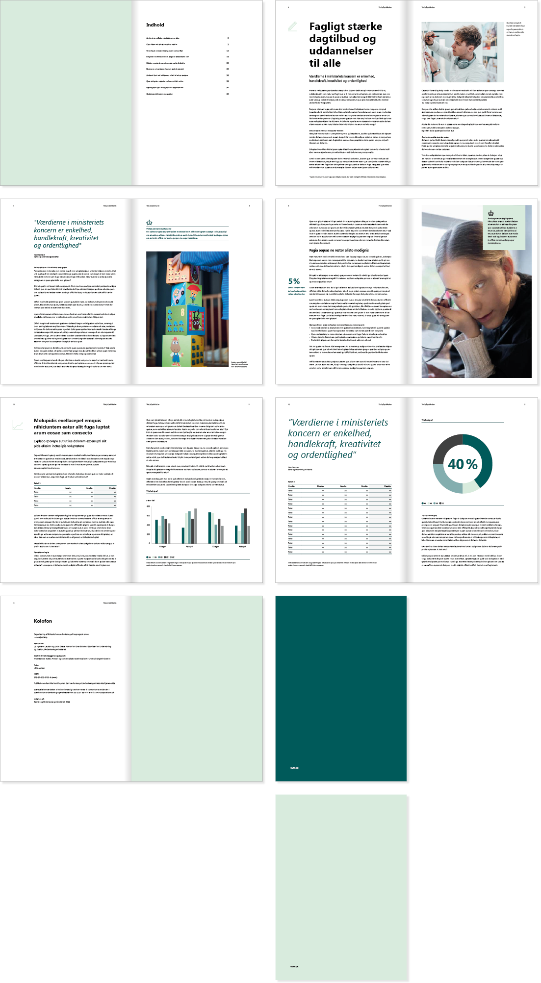 Billedet viser eksempler på, at indholdssiderne i rapportskabelonen kan laves på forskellige måder.