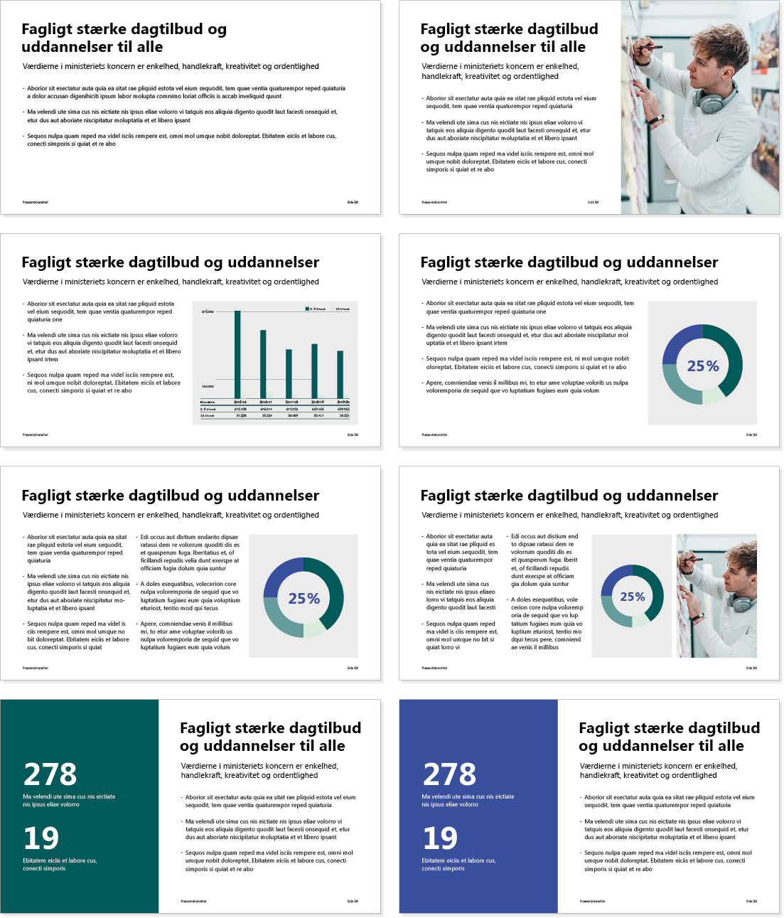 Billedet viser eksempler på, at indholdssiderne i PowerPoint-skabelonen kan laves på forskellige måder.