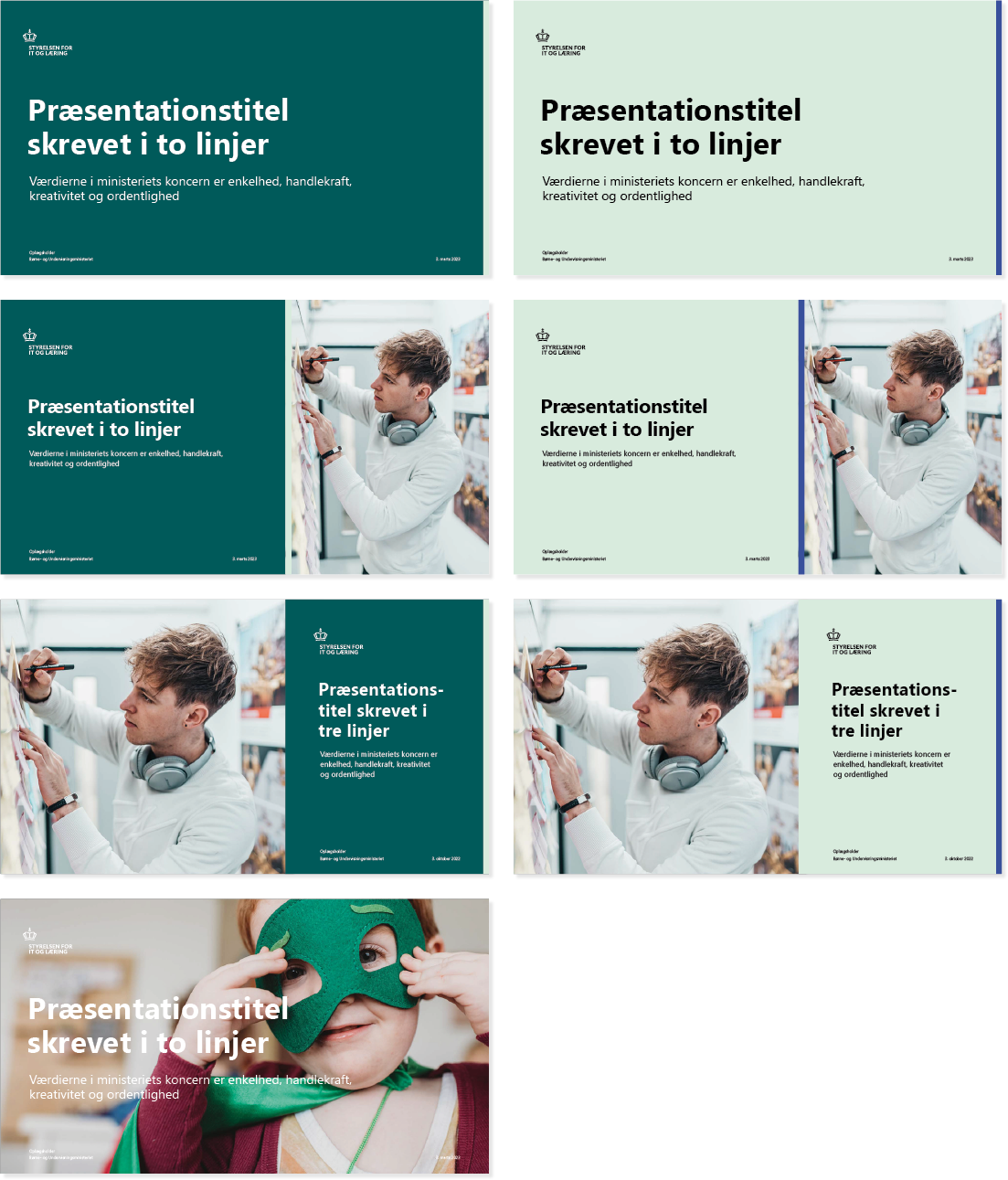 Billedet viser eksempler på, at forsiderne i PowerPoint-skabelonen kan laves på forskellige måder.